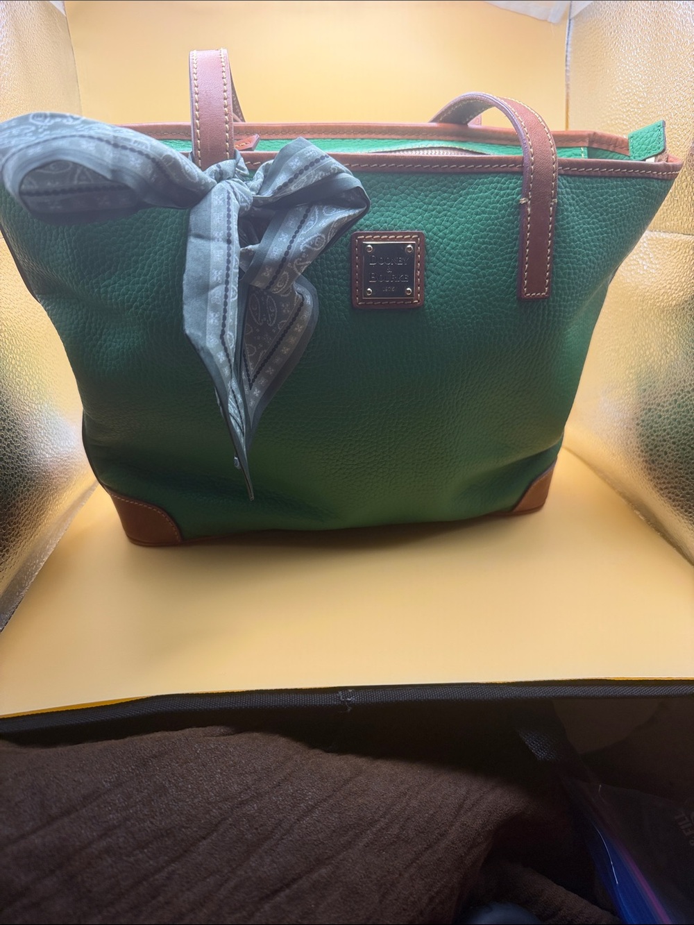 Green Leather Tote Bag with Brown Trim Dooney Bourke, 15 width height 9 height
